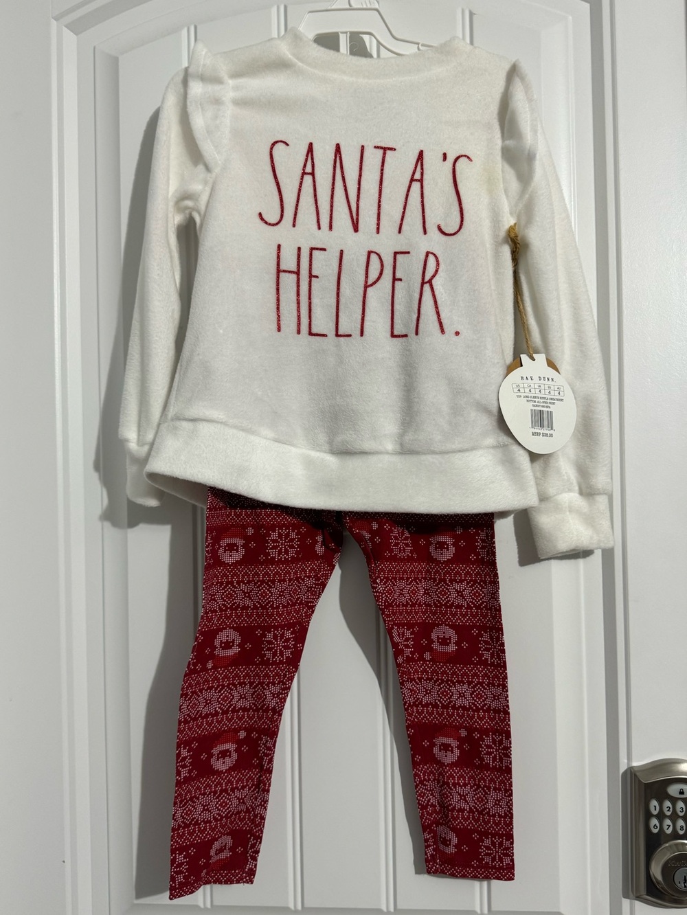 Cute Rae Dunn size 4 red white Santa helper legging sweatshirt set girls new